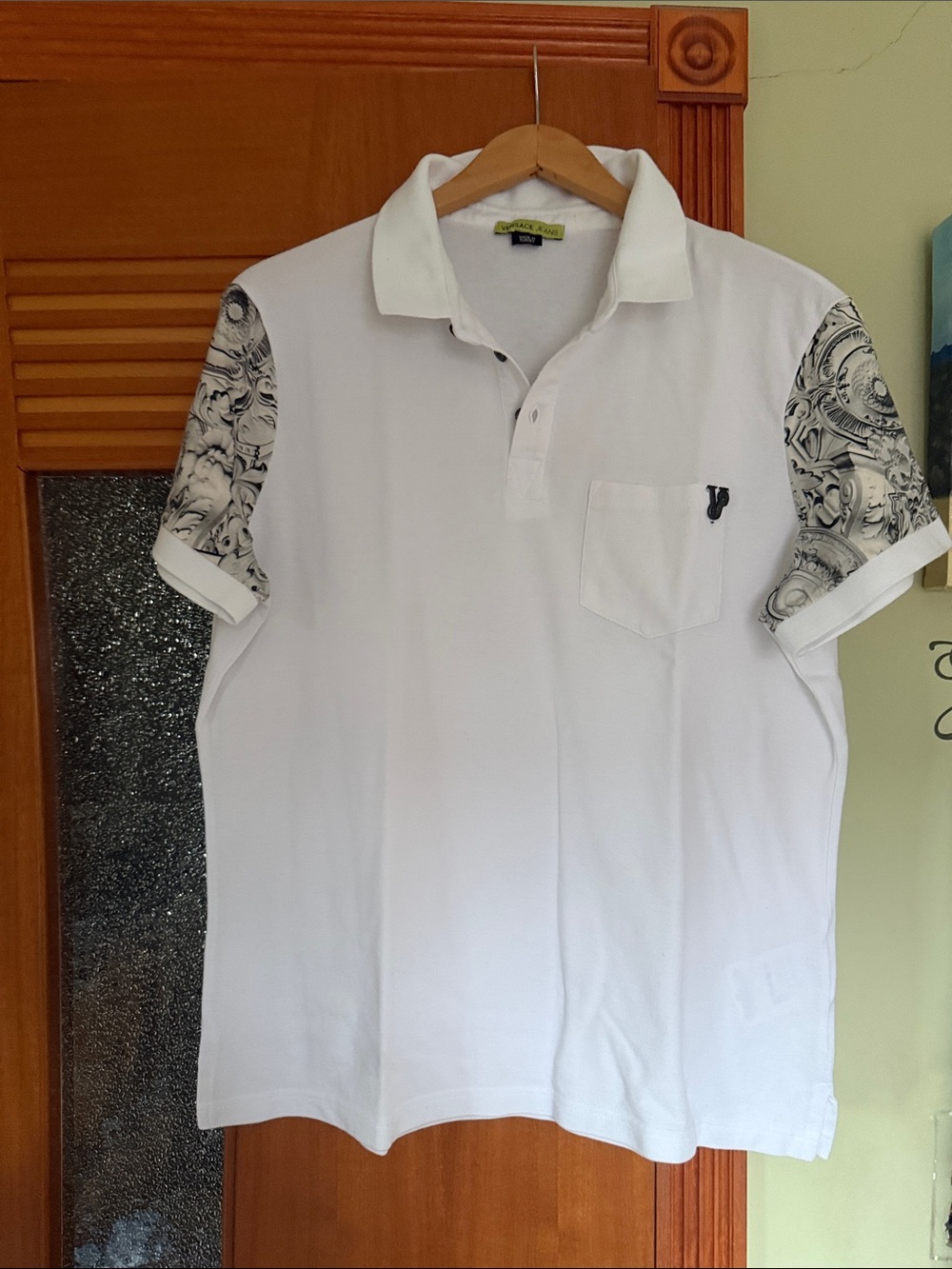 Versace Jeans Collection White Polo with Patterned Short Sleeves
